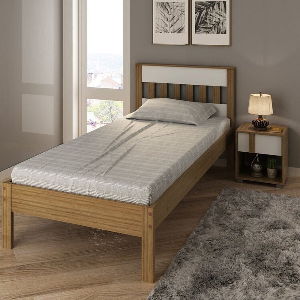 Conjunto Cama Solteiro com 1 Mesa de Cabeceira Amêndoa/Branco