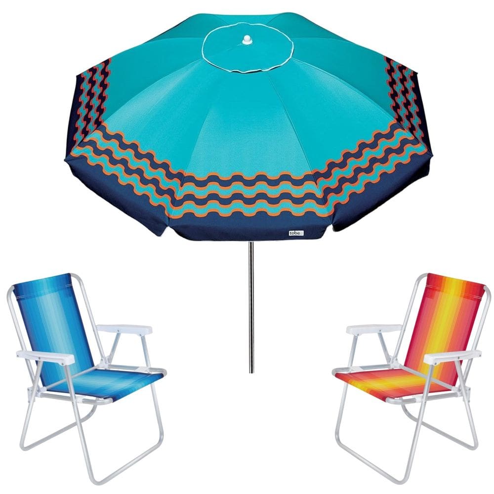 Kit Guarda Sol 2,5m Articulado Ibiza Turquesa 2 Cadeira Alta Alumínio Praia Piscina Camping - Tobee