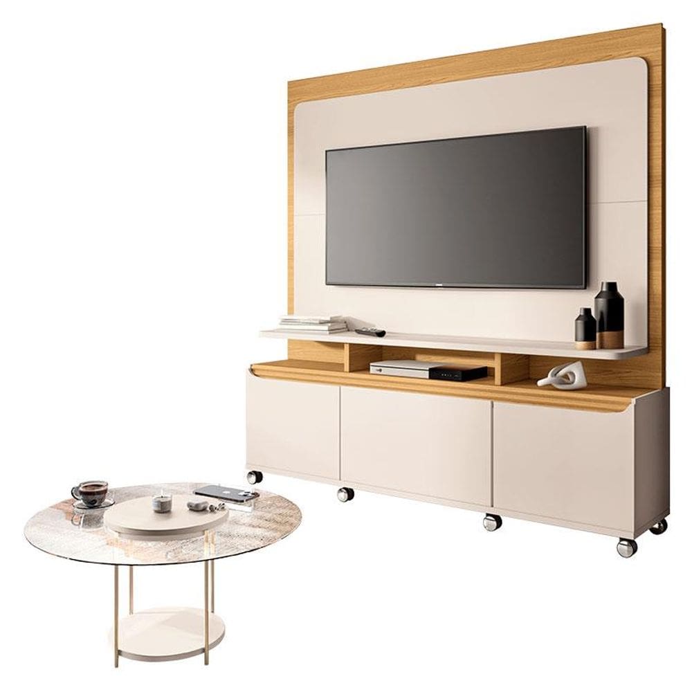 Estante Home Theater Quantum Off White Cinamomo e Mesa de Centro Sky com Tampo de Vidro Off White - HB Móveis