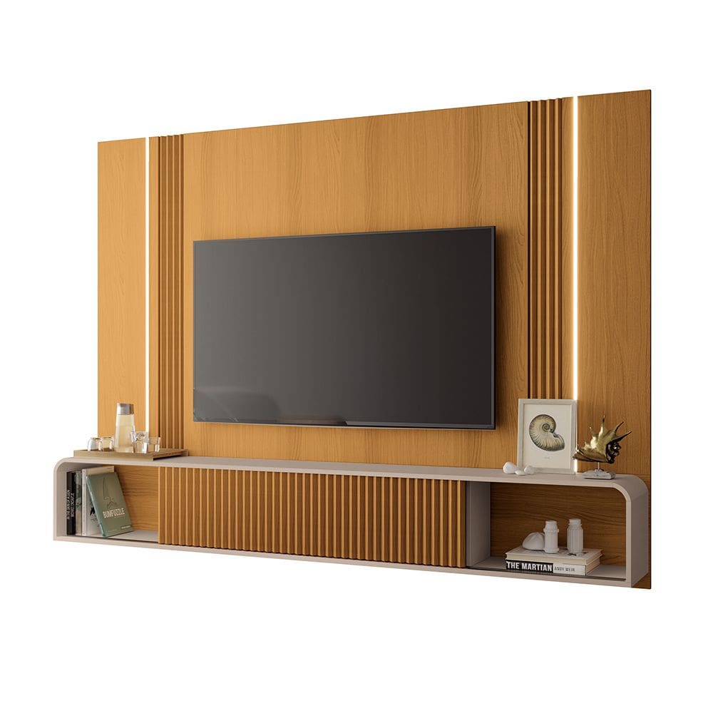 Painel TV 85 Pol 219cm Bancada Suspensa Emily Cinamomo/Off White H01 - D`Rossi