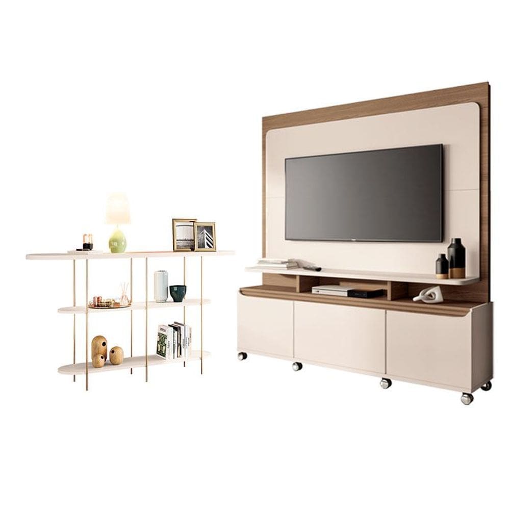 Estante Home Theater Quantum Off White Castanho e Aparador Infinity Off White - HB Móveis