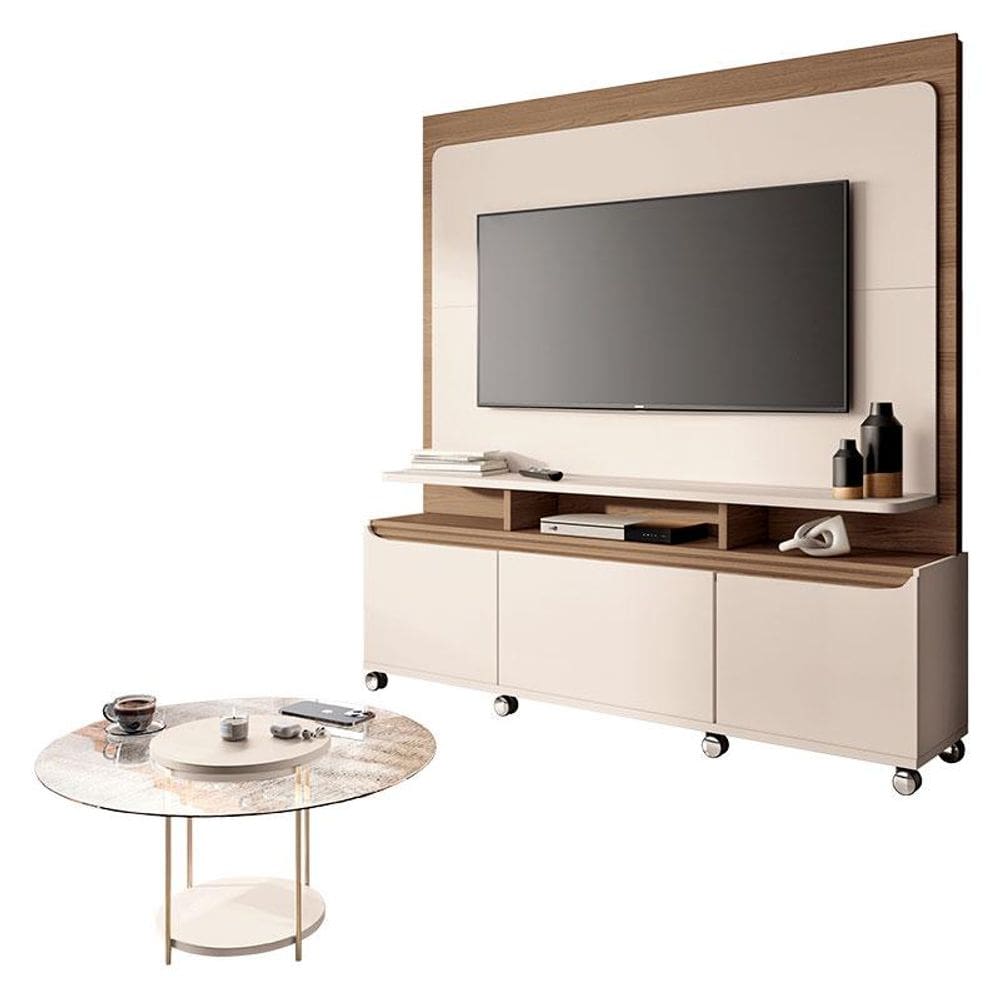Estante Home Theater Quantum Off White Castanho e Mesa de Centro Sky com Tampo de Vidro Off White - HB Móveis
