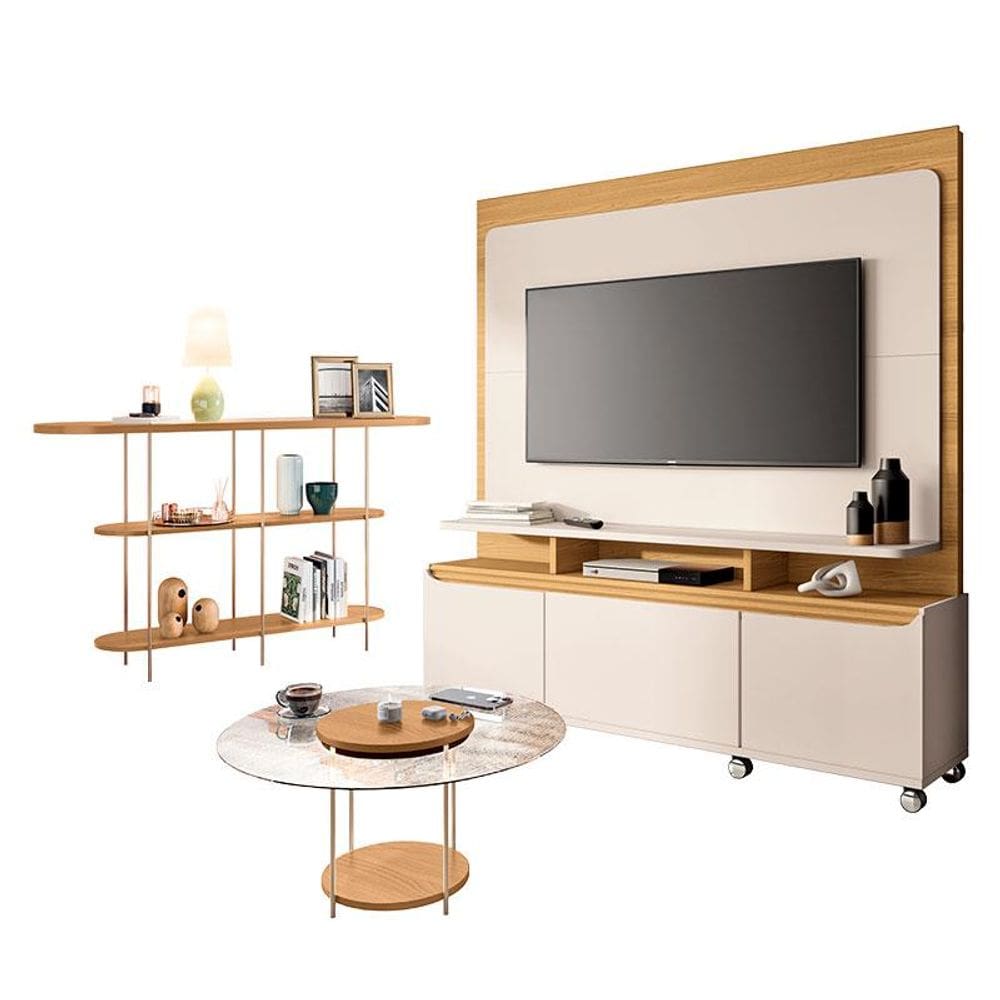 Estante Home Theater Quantum e Aparador Infinity e Mesa de Centro Sky com Tampo de Vidro Off White Cinamomo– HB Móveis