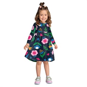 Vestido Kyly Infantil Menina Manga Longa Azul Marinho Floral