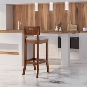 Banqueta Alta Estofada Dubai 36x96cm Madeira Maciça Imbuia Linho Bege M58 RMI