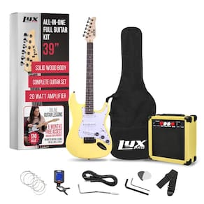 Guitarra elétrica LyxPro Retro Yellow com amplificador de 20W e acessórios