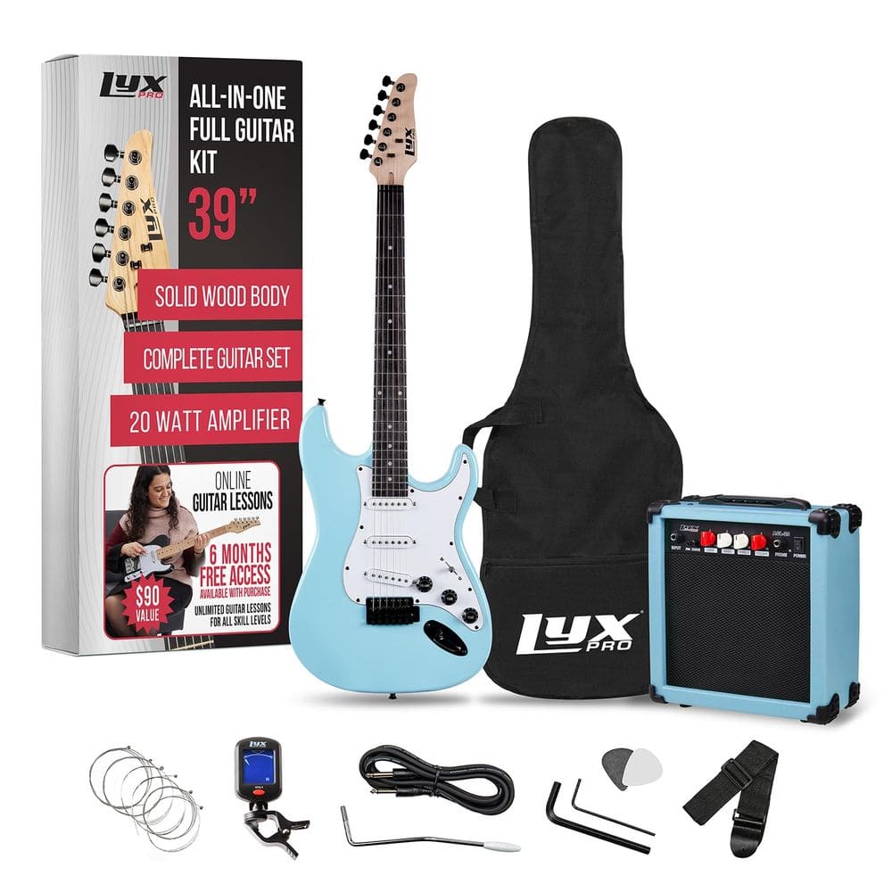 Guitarra elétrica LyxPro Retro Blue de 39 polegadas com amplificador de 20 W e acessórios
