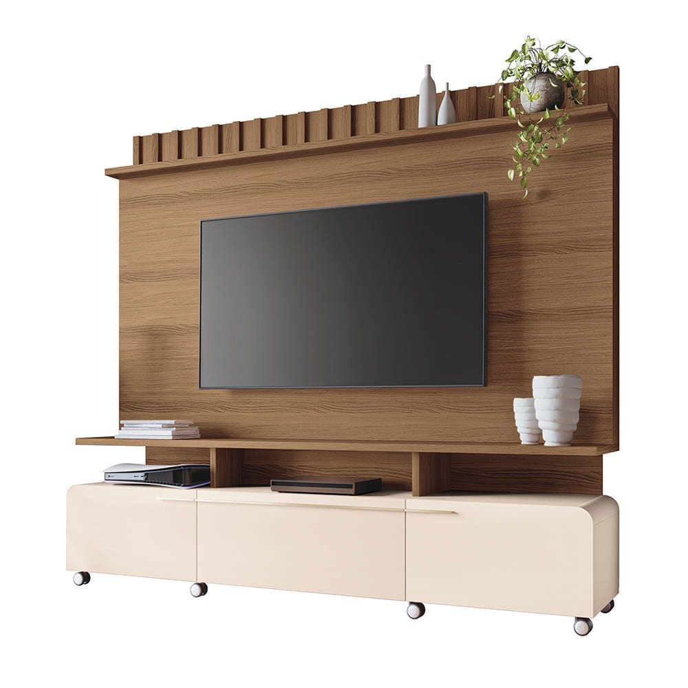 Estante de TV 70 Pol 200cm Ripado Jane Castanho/Off White H01 - D`Rossi