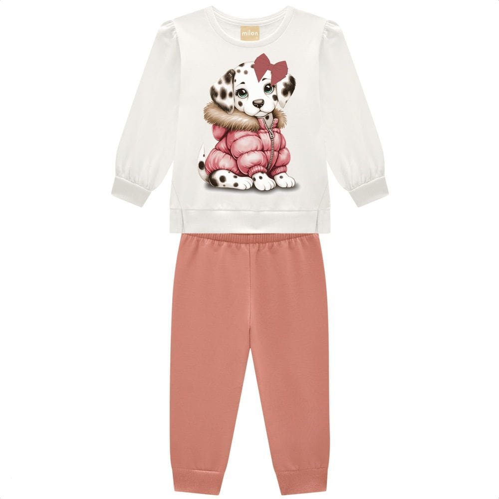 Conjunto Kyly Moletom Menina Off White e Rosa Antigo Infantil