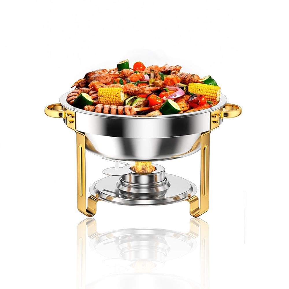Rechaud Dourado RM Redondo em Aço Inox Banho Maria com Fogareiro 6 L Buffet