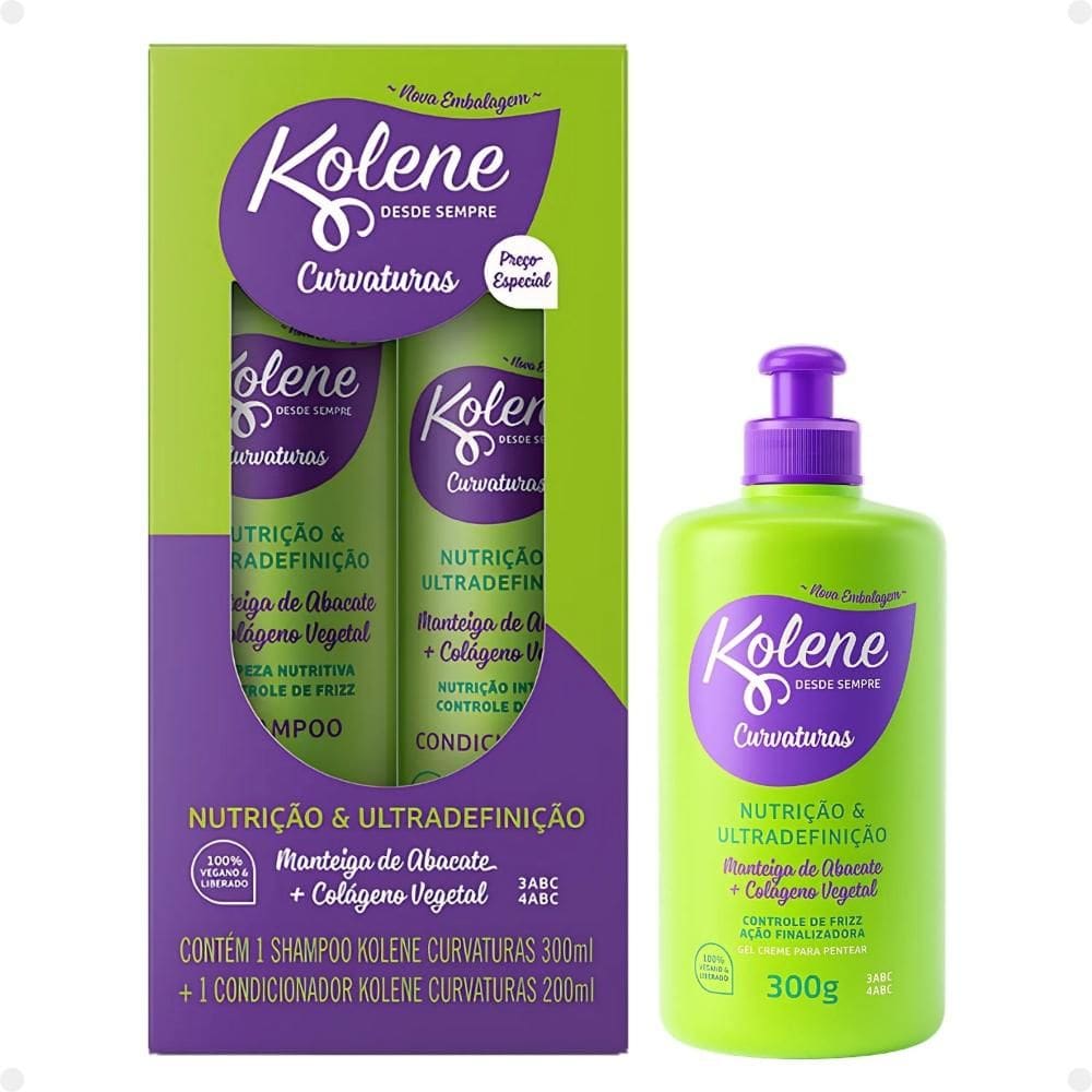 Kit Kolene Curvaturas Nutrição e Ultradefinição: Shampoo 300ml e Condicionador 200ml + Gel Creme para Pentear 300g
