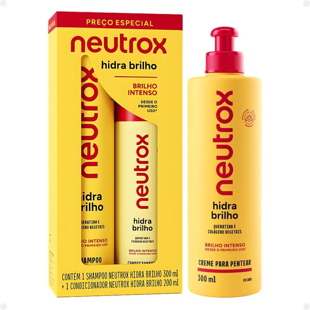 Kit Neutrox Hidra Brilho: Shampoo 300ml e Condicionador 200ml + Creme para Pentear 300ml