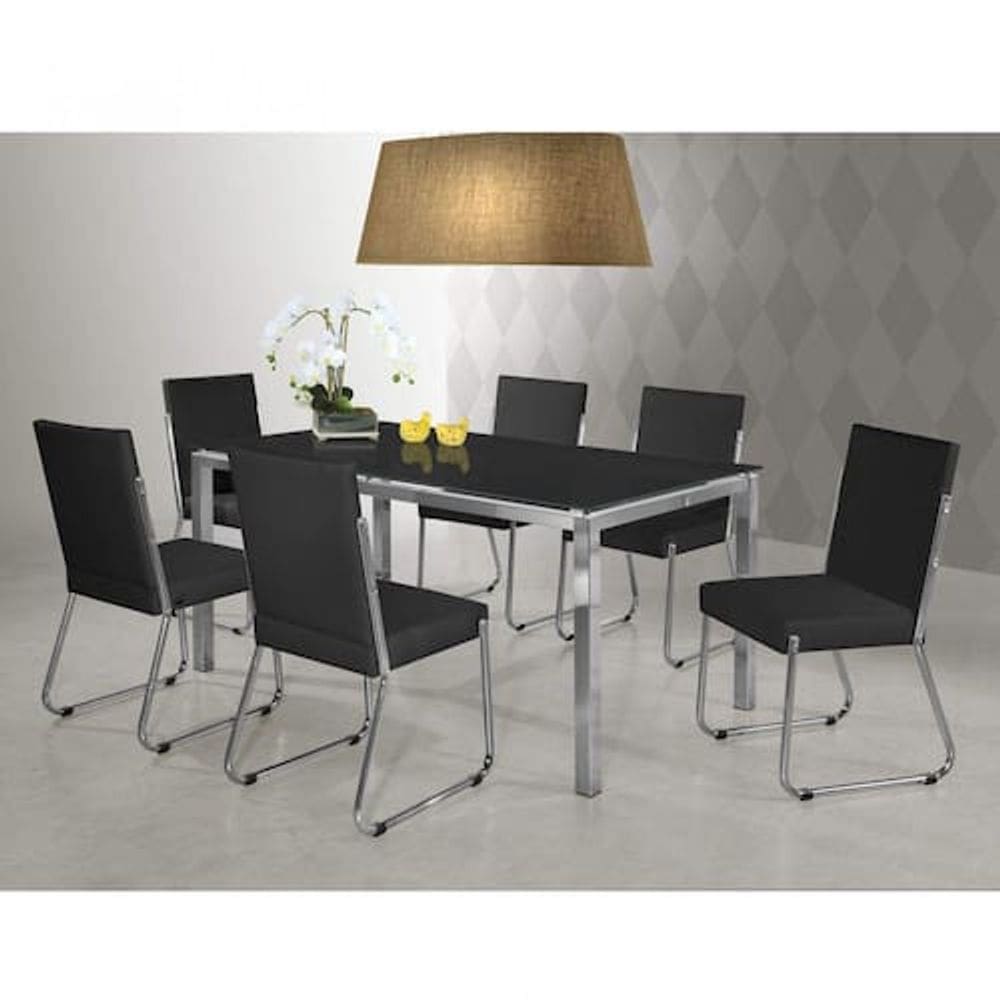 Conjunto Sala de Jantar Mesa Tampo de Vidro Olívia 6 Cadeiras Aço Yescasa Preto - Preto
