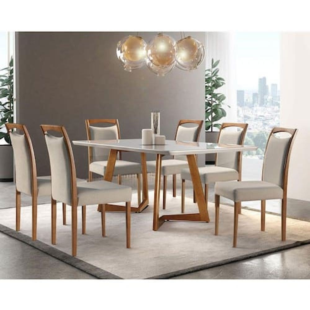 Conjunto Sala de jantar Munique 6 cadeiras Mobillare - Off White
