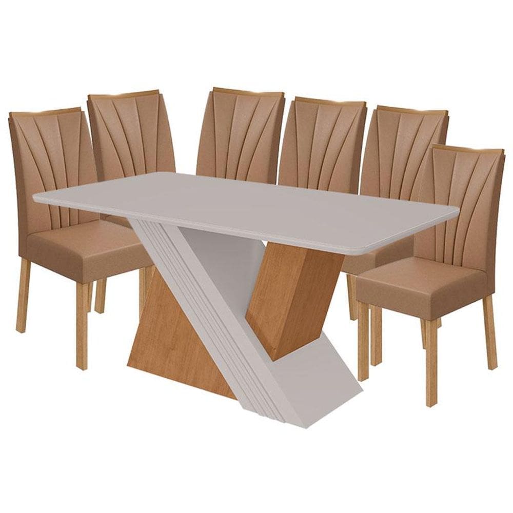 Mesa de Jantar Venus 170 cm Amêndoa Clean Off White com 6 Cadeiras Apogeu Caramelo Amêndoa Clean – Lopas