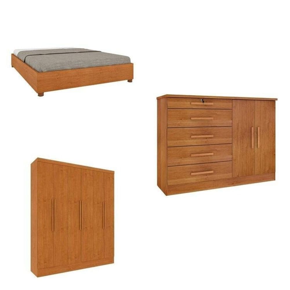 Quarto Casal Completo Guarda Roupa 6 portas Munique, Cama Casal Monaco e Cômoda Istambul Espresso Móveis Cinamomo