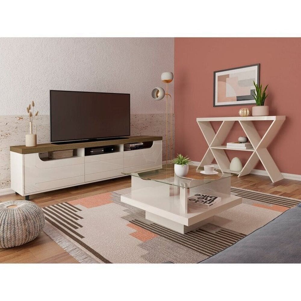 Kit para Sala de Estar Rack e Mesa de Centro e Aparador Saturno Pinho/Off White
