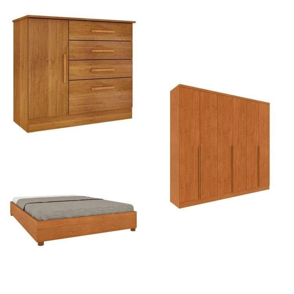 Quarto Casal Completo Guarda Roupa 6 portas Londres, Cama Casal Monaco e Cômoda Chicago Espresso Móveis Cinamomo