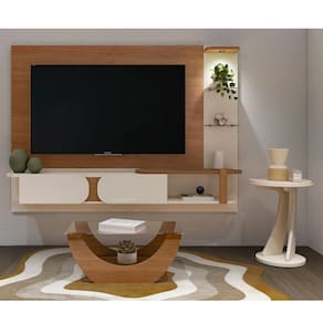 Kit para Sala de Estar Painel e Mesa de Centro e Mesa Lateral Redonda Toronto Cinamomo/Off White