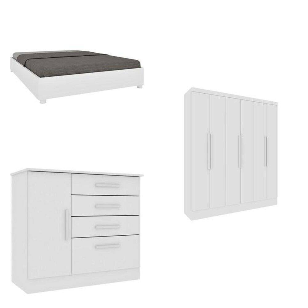 Quarto Casal Completo Guarda Roupa 6 portas Munique, Cama Casal Monaco e Cômoda Chicago Espresso Móveis Neve