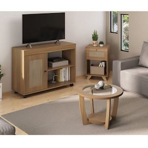 Kit para Sala de Estar Rack e Mesa de Centro e Mesa de Lateral de Apoio Sampa Carvalho