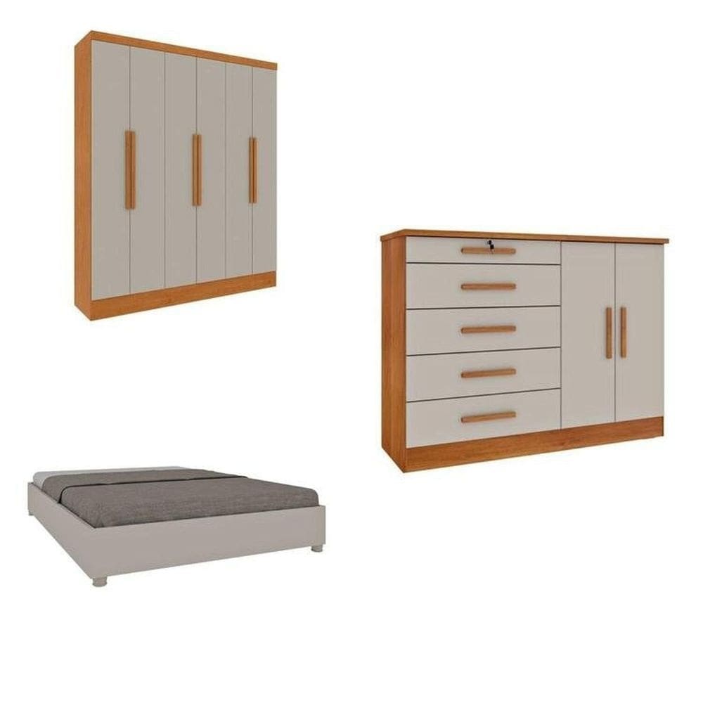 Quarto Casal Completo Guarda Roupa 6 portas Munique, Cama Casal Monaco e Cômoda Istambul Espresso Móveis Cinamomo/Off White