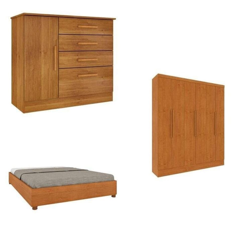 Quarto Casal Completo Guarda Roupa 6 portas Munique, Cama Casal Monaco e Cômoda Chicago Espresso Móveis Cinamomo
