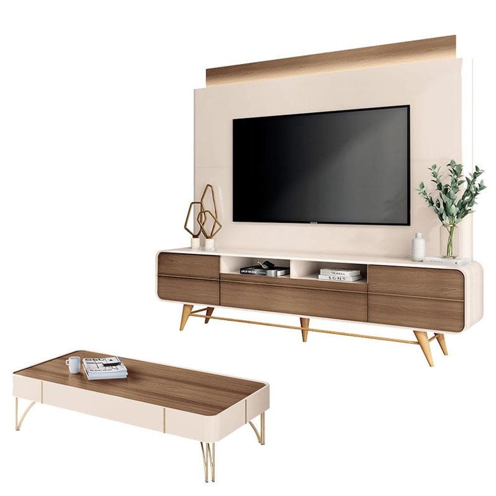 Estante Home Theater Nobre e Mesa de Centro Cadenza Off White Castanho - HB Móveis