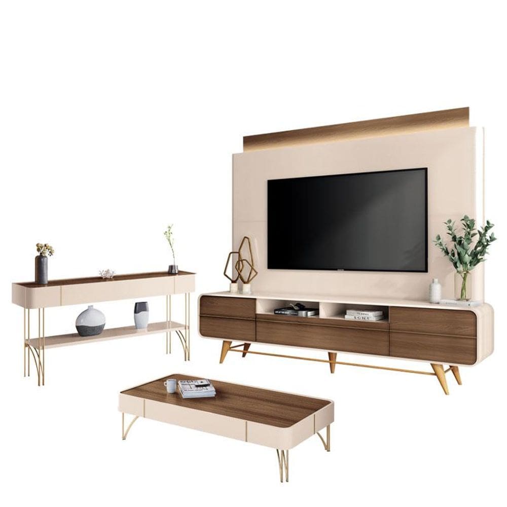 Estante Home Theater Nobre e Aparador Vivant e Mesa de Centro Cadenza Off White Castanho - HB Móveis