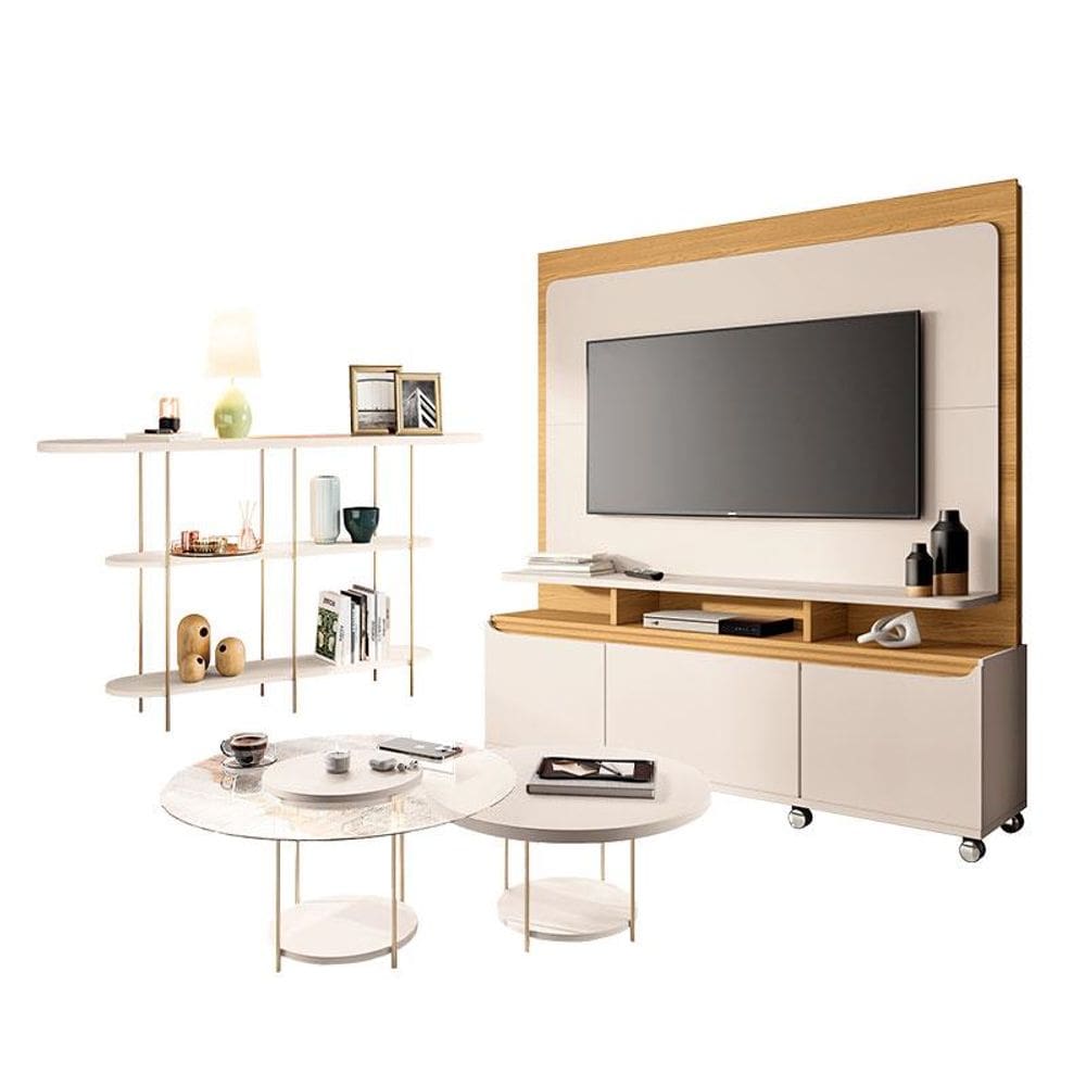 Estante Home Theater Quantum Off White Cinamomo e Aparador Infinity Off White e Kit Mesa de Centro Sky Off White - HB Móveis