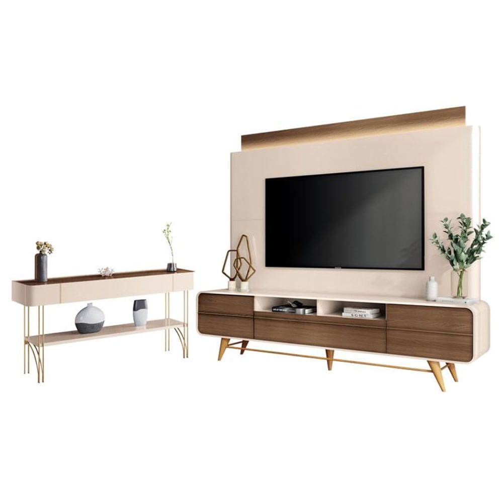 Estante Home Theater Nobre e Aparador Vivant Off White Castanho - HB Móveis