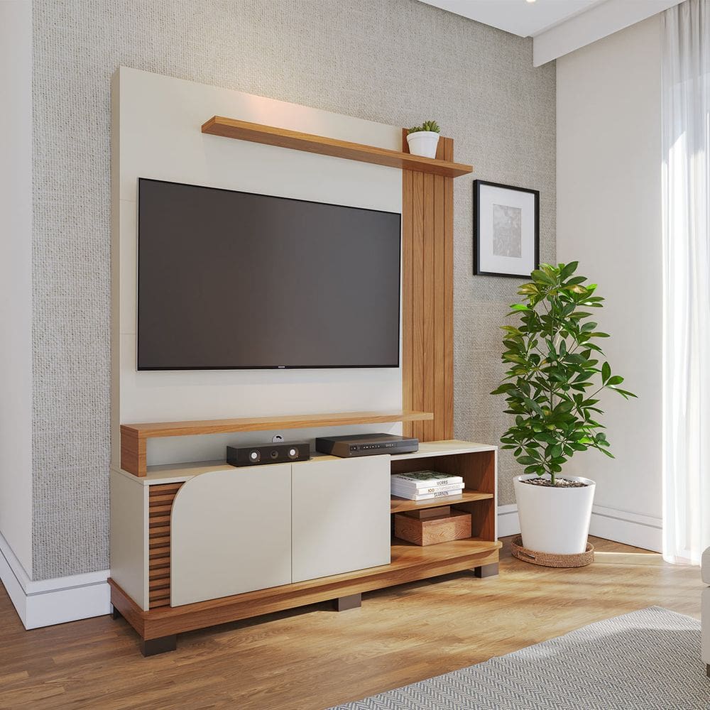 Painel com Rack TV até 65 Pol 2 Gavetas 152x187cm Jurerê Off White Freijó