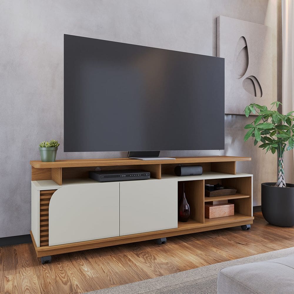 Rack Ripado com Nichos para TV até 75 Pol 180x62cm Jurerê Freijó Off White