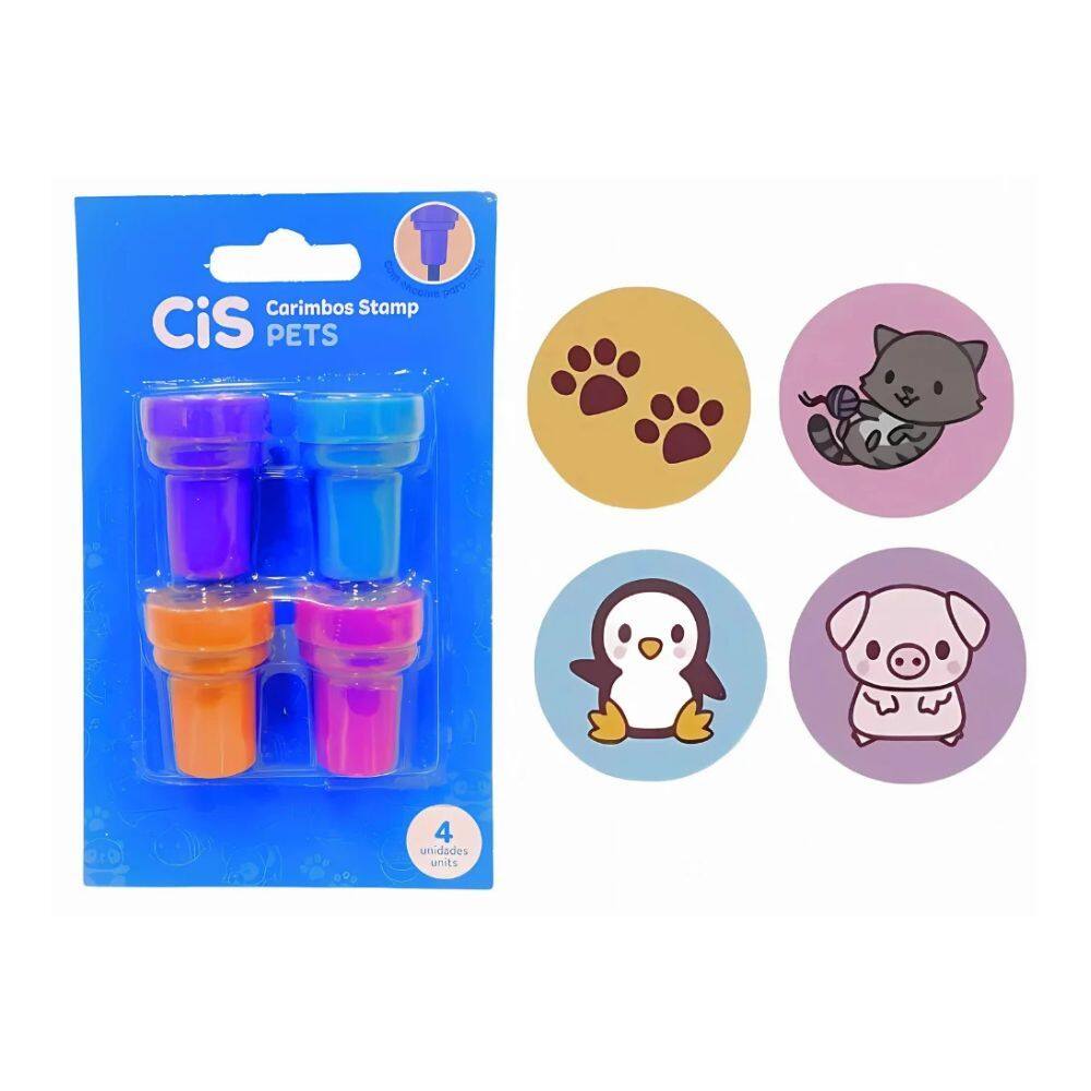 Carimbo Stamp Pets 4 Unidades Divertidos Com Encaixe Para Ponteira - Cis