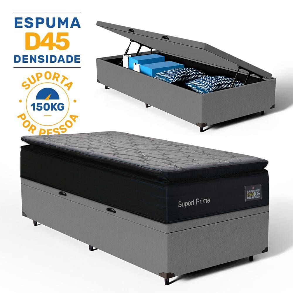 Cama Box Baú com Colchão de Espuma D45 Pillow Top Suport Prime Solteiro 88cm