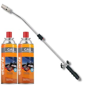Kit Maçarico Longo Cabo Ergonômico 80cm Acendimento Automático Ajuste de Chama Soldagem + 2 Refil Gás Cartucho