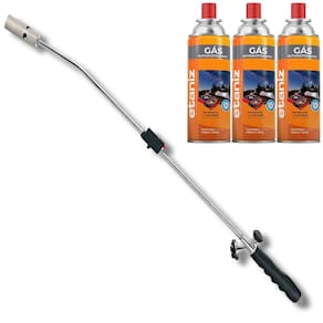 Kit Maçarico Longo Cabo Ergonômico 80cm Acendimento Automático Ajuste de Chama Soldagem + 3 Refil Gás Cartucho