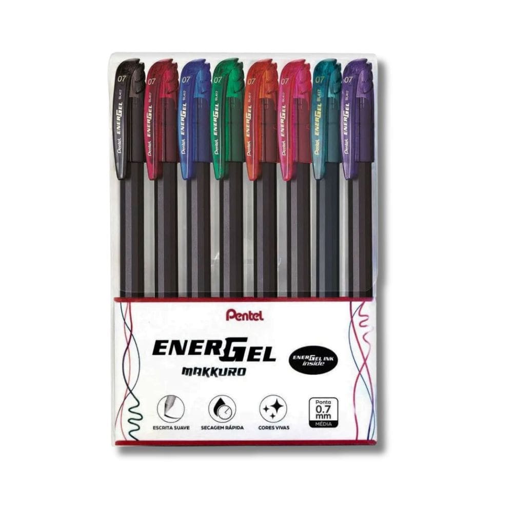 Kit Estojo 08 Canetas Gel PENTEL EnerGel Makkuro 0.7 mm | Escrita Macia | Ponta Fina