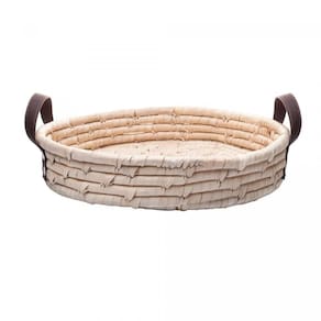 Bandeja Redonda Em Fibra Natural Braid Com Alça Em Couro 36cm Lyor