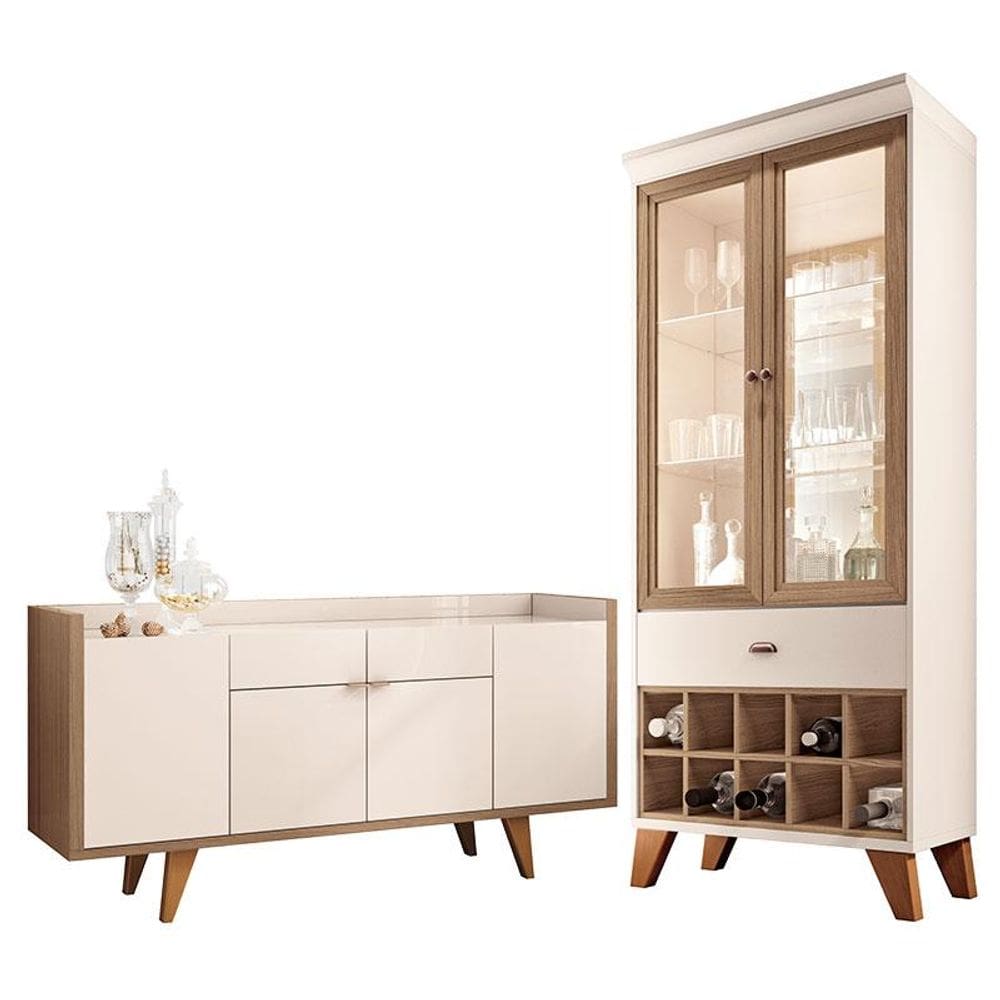 Buffet Melodia e Cristaleira Ópera Off White Castanho - HB Móveis