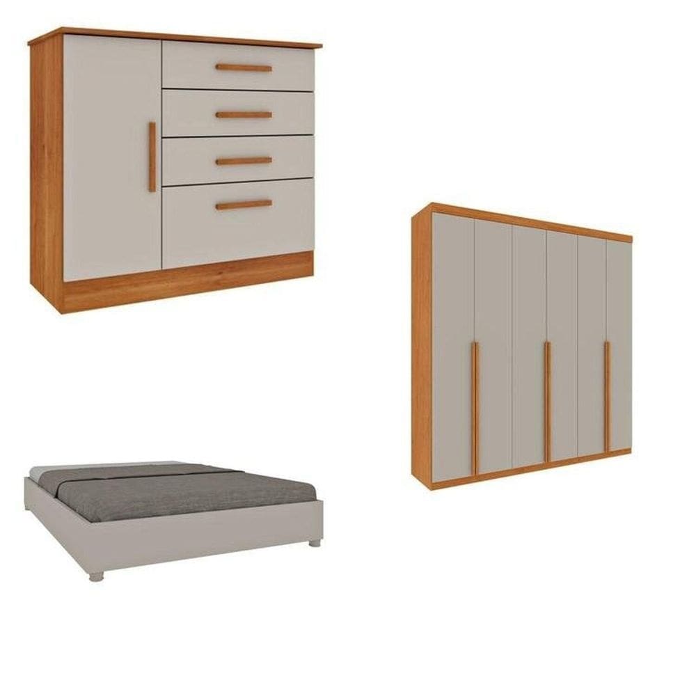 Quarto Casal Completo Guarda-Roupa Milano, Cama Mônaco e Cômoda Chicago Espresso Móveis Cinamomo/Off White