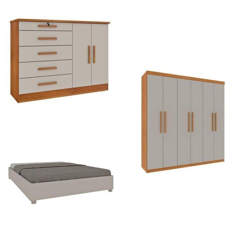 Quarto Casal Completo Guarda-Roupa Lima, Cama Mônaco e Cômoda Istambul Espresso Móveis Cinamomo/Off White