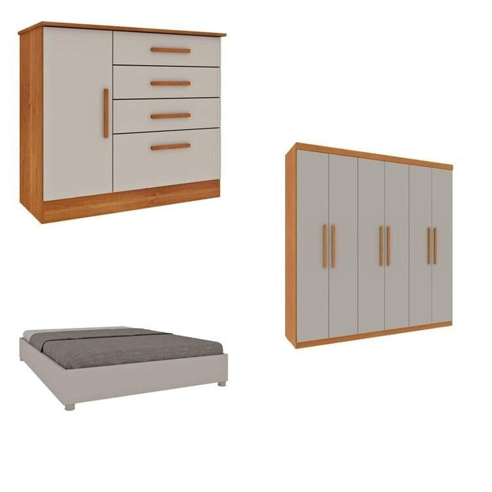 Quarto Casal Completo Guarda-Roupa Lima, Cama Mônaco e Cômoda Chicago Espresso Móveis Cinamomo/Off White