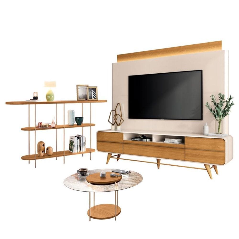 Estante Home Theater Nobre Off White Cinamomo e Aparador Infinity e Mesa de Centro Sky com Tampo de Vidro Cinamomo - HB Móveis