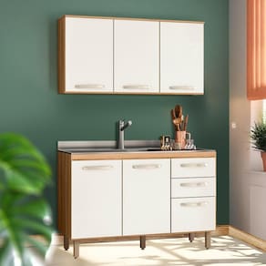 Kit Cozinha Armário Aéreo E Balcão 1,20 m 5 Portas 3 Gavetas Freijó Off White Cristal Flora Shop JM