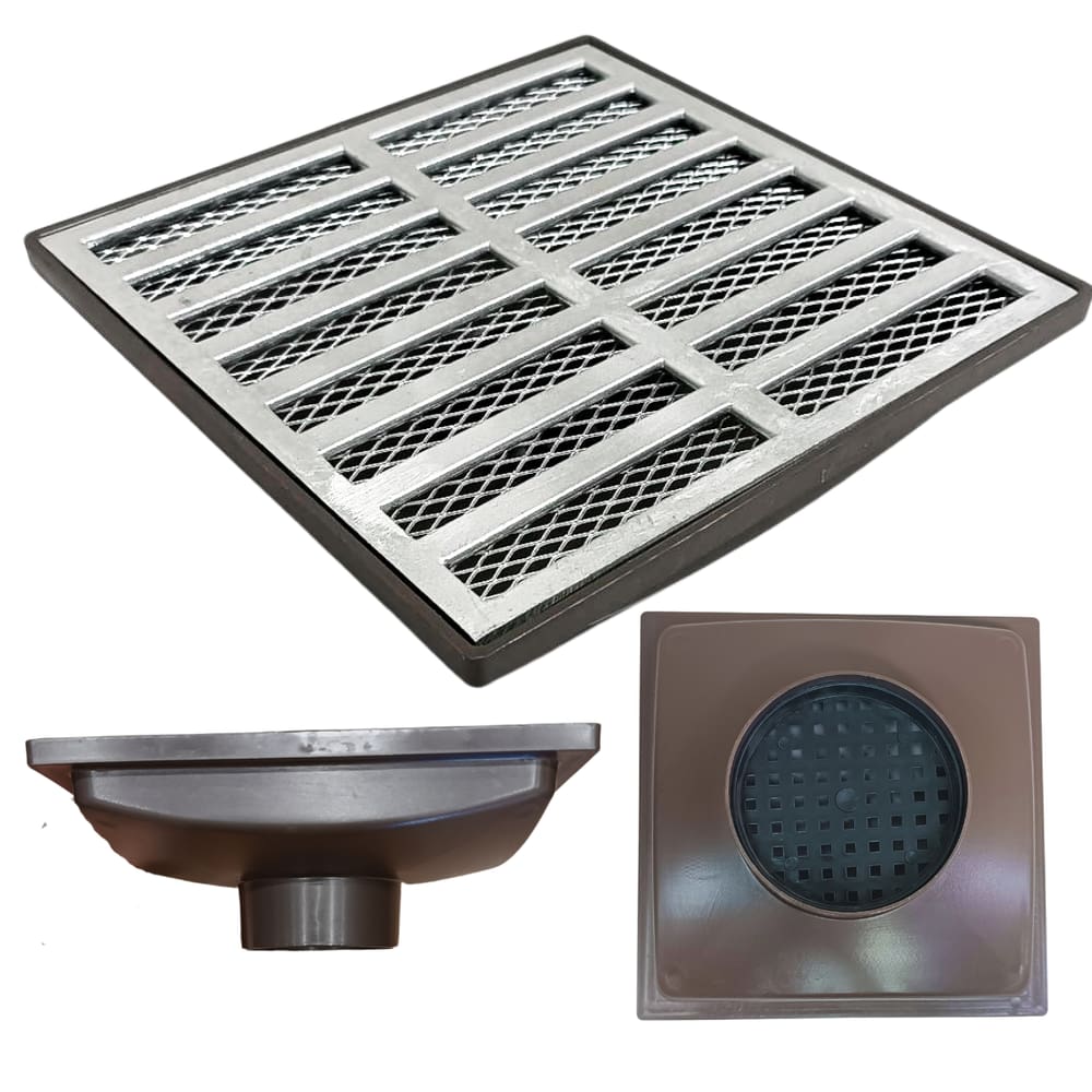 Ralo Pluvial 20x20 Alumínio Tradicional Coletor Marrom Saída Baixa para tubo de 75mm