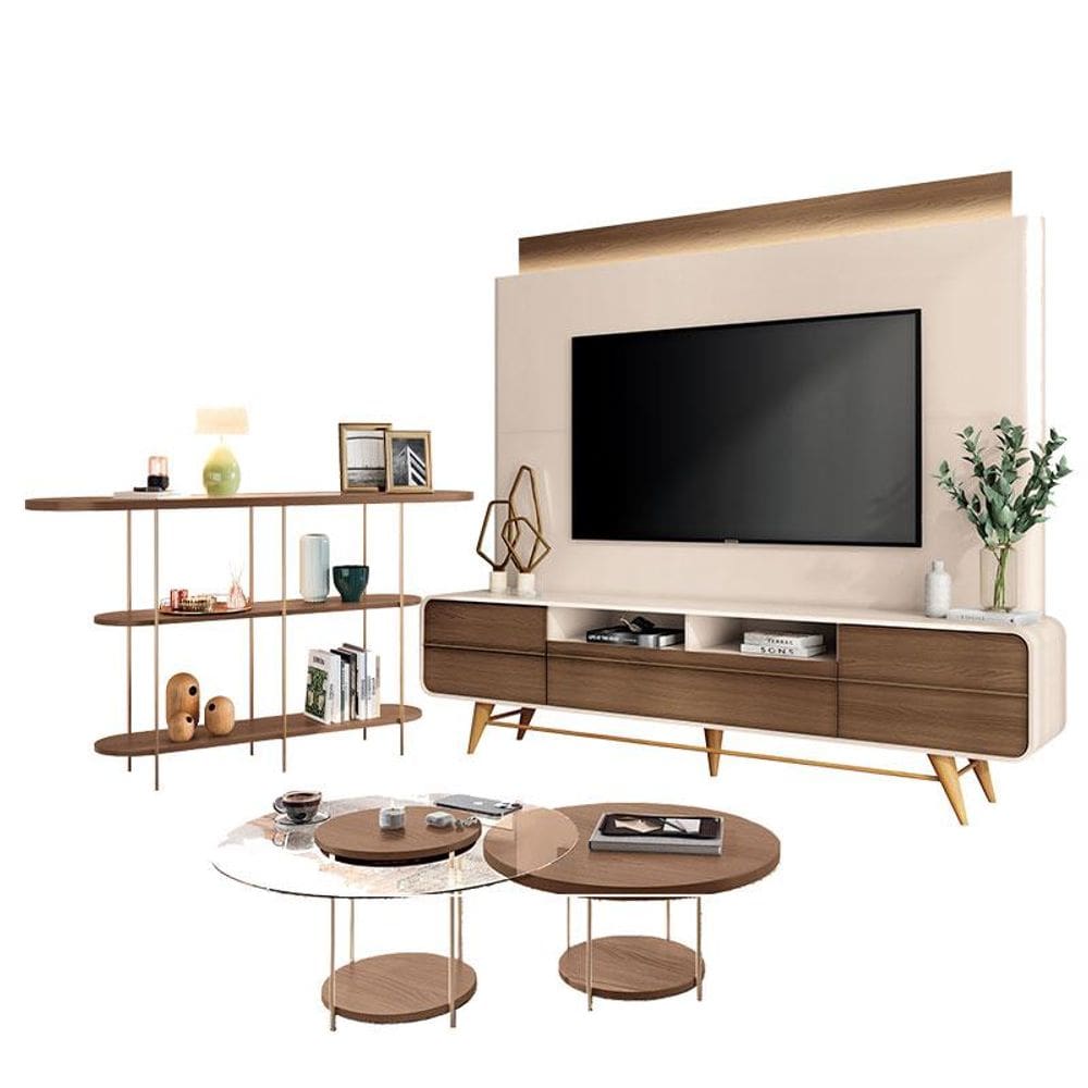 Estante Home Theater Nobre Off White Castanho e Aparador Infinity e Kit Mesa de Centro Sky Castanho - HB Móveis