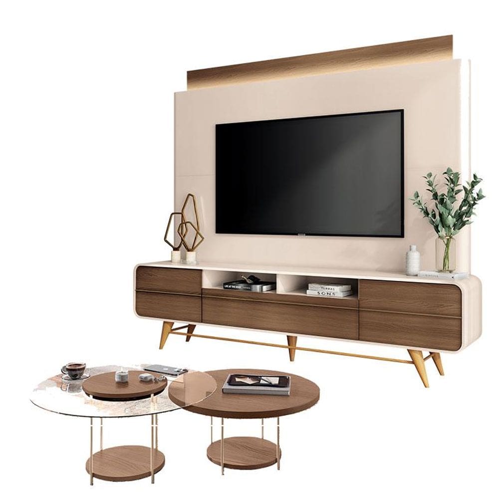 Estante Home Theater Nobre Off White Castanho e Kit Mesa de Centro Sky Castanho - HB Móveis