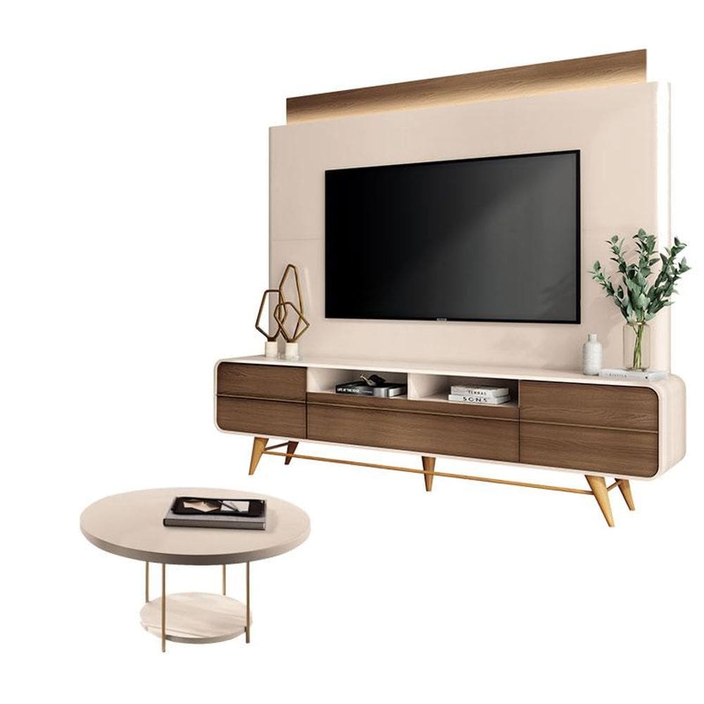 Estante Home Theater Nobre Off White Castanho e Mesa de Centro Sky Off White- HB Móveis