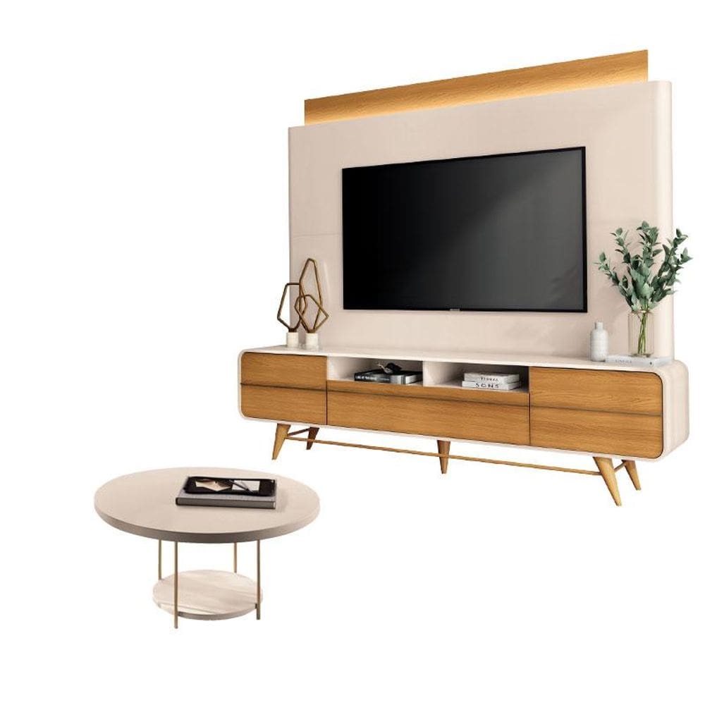 Estante Home Theater Nobre Off White Cinamomo e Mesa de Centro Sky Off White- HB Móveis